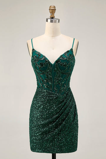 Sparkly Bodycon Dark Green Sequins Corset Cocktail Dress